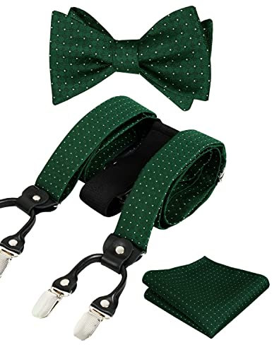Alizeal Herren Polka Dot Hosenträger und selbstgebundene Fliege mit Einstecktuch im Set,Dunkelgrün