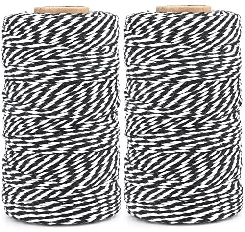 G2PLUS Black and White Bakers Twine: 2mm Cotton String for Gift Wrapping, DIY Crafts, Party Tags, Holiday Packaging and Decorations, 2x100M