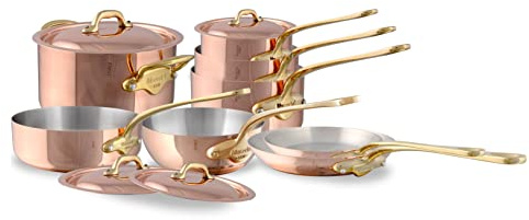 Mauviel M'Heritage 150 B 1.5mm Polished Copper & Stainless Steel 12-Piece Cookware Set With Brass Handles, Made In France