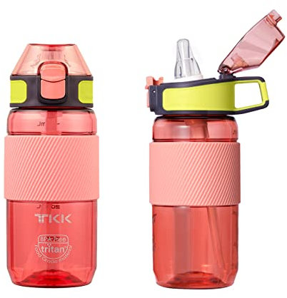 TKK Trinkflasche mit Strohhalm 450ml Wasserflasche Auslaufsicher BPA-frei Tritan Spotr trinkflasche für Fahrrad Camping Yoga Gym Rosa 1003