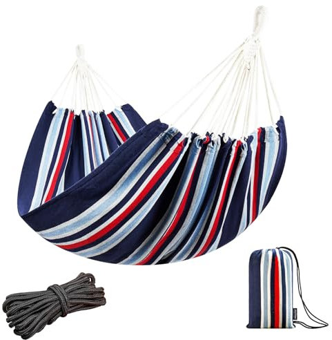 JoyView Brasilianische Doppel-Hängematte mit hängenden Seilen, extra groß, 220 x 150 cm, tragbare Baumwoll-Hängematte für Terrasse, Hinterhof, Veranda, 204 kg Tragkraft, perfekt für Outdoor/Indoor –