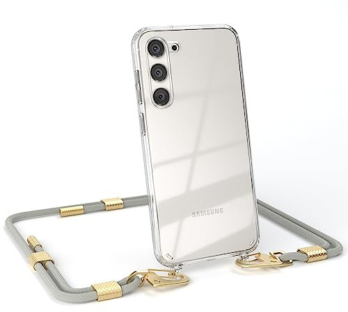 EAZY CASE - kombinierbare Handyketten kompatibel mit Samsung Galaxy S23 Plus, Transparente Silikon-Hülle mit stylischen Umhängeband, Abnehmbarer Karabiner, Gurt zum wechseln, Taupe - Clips Gold