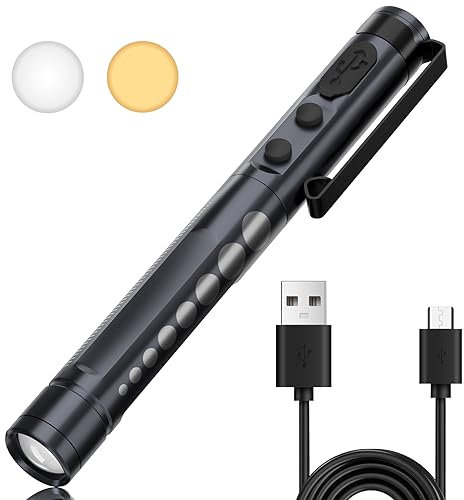 Diagnostikleuchte Medizinische, Wiederaufladbare LED Pupillenleuchte mit USB-Kabel, Warmes/Kühles Weiß & Stufenlose Dimmung, Tragbare Aluminium Medizinische Pupillenleuchte mit Clip