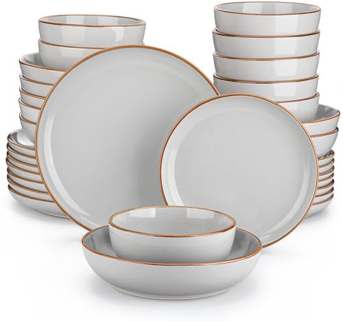 vancasso Dinner Sets - Nymph Grey Plates and Bowls, 32-Piece Color Glaze Crockery with 10.5in Dinner Plate, 8in Salad Plate, 1340ml Pasta Bowl and 800ml Cereal Bowl