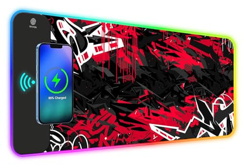 ToLuLu RGB Gaming 5/7.5/10/15W 10 Light Modes Wireless Charging Mouse Pad, LED Mouse Pad Computer Keyboard Mat Mousepad, 800x300x4MM Extended Large Desk Mat for Gaming, MacBook, Laptop, PC,Red Black