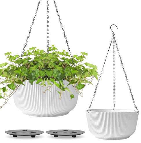 T4U Φ30cm Blumentopf Hängend Plastik 2er Set, Blumenampel Hängend außen mit Ketten, Hängetopf für Pflanzen mit Wasserspeicher für Garten Balkon Wohnzimmer, Hängeampel Outdoor Innen für Pflanzen, Weiß