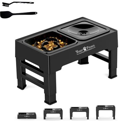 Premium Elevated Raised 2-in-1 Dog Bowl with Slow Feeder and Non-spill/Anti-Spill Slow Water Bowl. For Large Medium Small Dog Cat. 4 Adustable Height Settings. Plus Spatula & Cleaning Brush