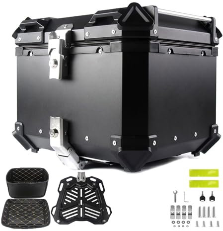Maleta De Moto Estuche De Equipaje Compresivo, Aluminio De Motocicleta De Gran Capacidad Caja De Cola,Maleta para Equipaje De Aleación De Aluminio, Liberación Rápida(Color:Negro,Tamaño:80L: L56.5cm*W