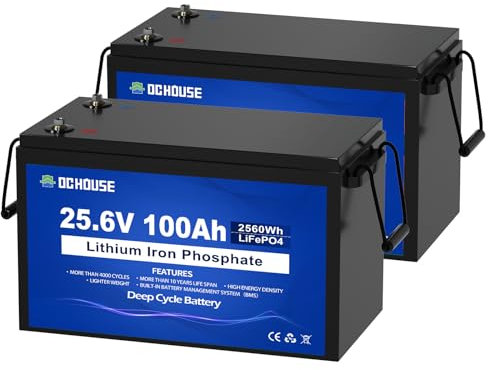 DCHOUSE LiFePO4 Batteria litio 24V 100Ah 2PCS Con Protezione BMS e 15000 Cicli, Batteria al Litio 24V 100Ah Per Camper, Roulotte, Barca, Pannello Solare, Camping