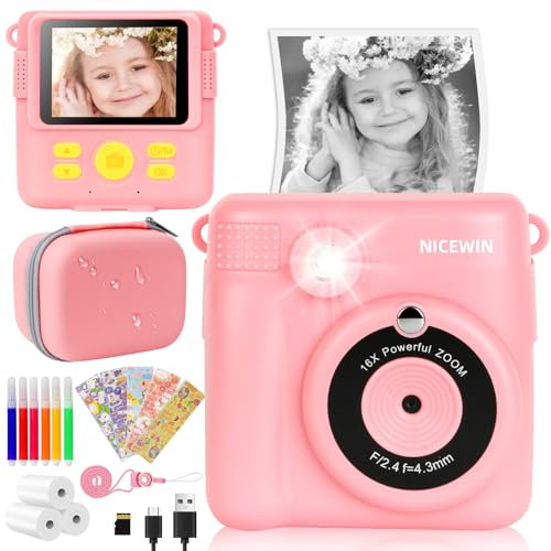 Macchina Fotografica Istantanea per Bambini 2.4/1080P - Videocamera Istantanea Bambini Fotocamera Digitale Giocattolo Regalo per 3-12 Ragazza Ragazzo con Carta da Stampa e Scheda da 32GB (Rosa)