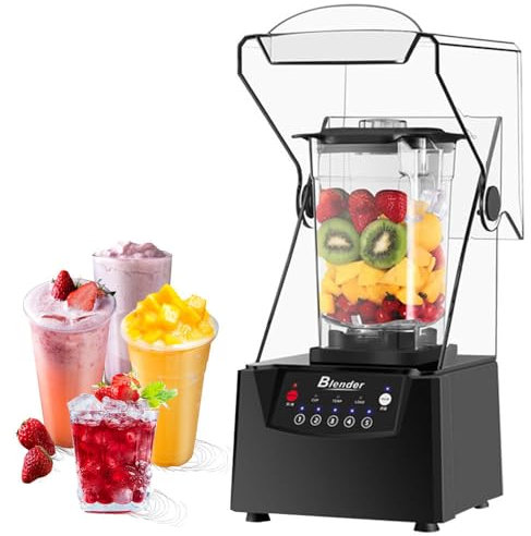 Quiet Commercial Blender with Soundproof Shield, Commercial Blender 2200W High Power, 2200 Watt Professional Blenders for Kitchen with 70oz Pitcher and Self-Cleaning, Removable Shield,2*CrushedCup