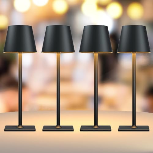 Yogaret Black Cordless Table Lamps, 6000mAh Rechargeable Battery LED Lights | Set of 4 battery operated lamps wireless table lamp for restaurant tables, dining areas, kitchens, outdoor patio and home use