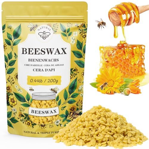 Cera D'api Gialla Biologica 200G, Cera D'api Gialla Pura e Naturale al 100% per La Cura Della Pelle Fai Da Te, Balsamo per Labbra, Smalto, Lozione, Sapone e Accessori per La Fabbricazione di Candele