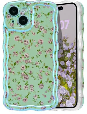 EYZUTAK Case for iPhone 15, Cute Rose Flower Laser Glossy Pattern Curly Wave Border Exquisite Floral Painting Phone Cover Durable Soft TPU Protective Case for Girls Women - Purple Flower/Green