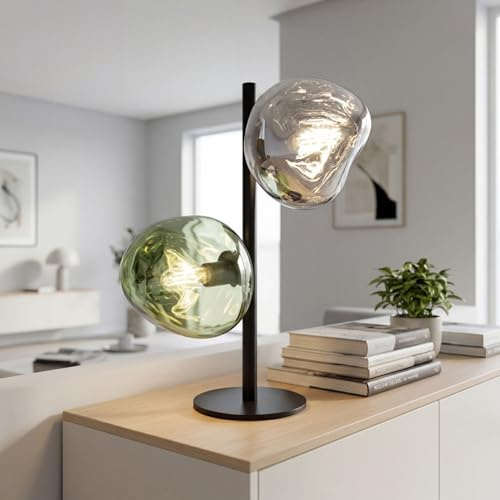 Lampe de table en verre Blanc Vert Métal Salon E14 2-flamme 40 cm soufflé à la bouche et miroir Câble en tissu en verre de lave Lampe de chevet Chambre à coucher