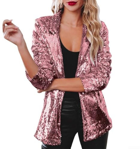 Blazer à paillettes brillantes pour femme - Veste à revers à paillettes scintillantes - Blazer d'automne - XL rose rouge
