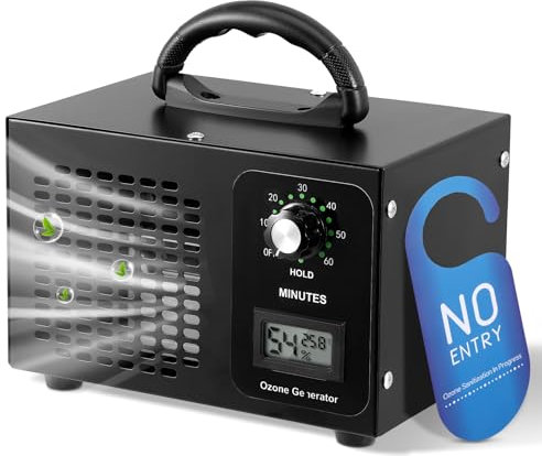 Generador de Ozono 60000 mg/H, Ozono Hogar Purificador De Aire 200㎡, Maquina Ozono O3 Portátil con 120min Temporizador para Garajes, Hogar, Coche, Mascotas, Eliminación de Olor y Desinfección