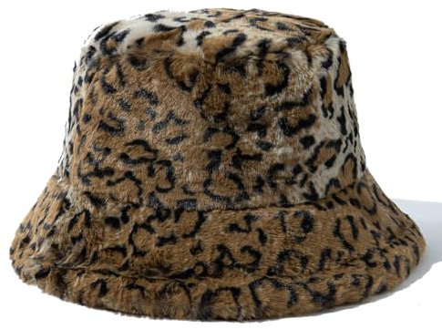 CLAPE Leopardenmuster Kunstfell Fischerhut Leopard Bucket Hat Damen Plüsch Eimer Hut Faltbar Warm Wintermütze Pelzig Flauschig Anglerhut