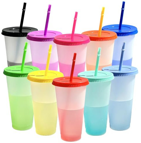 UptVin 10 Pcs Colour Changing Cups with Lids & Straws, 24oz Reusable Plastic Tumblers Cold Cups Magic Colour Changing Cups for Kids Adults Parties Travel