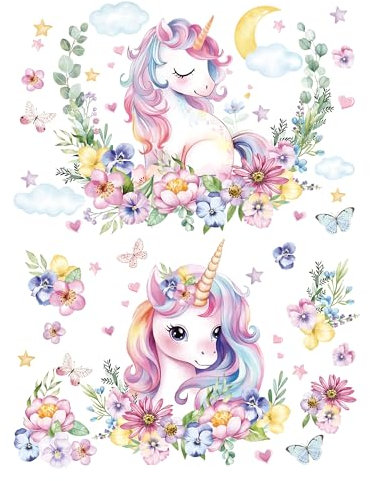 Joeyan Unicorno Trasferibili a Strofinare e Adesivi per Mobili e Artigianato, Decalcomania fai da te per la Casa su Legno, Vetro, Metallo, Tela, Porcellana, Carta e Plastica, 2 Grandi Design 43x30 cm