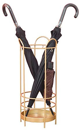 SGKOMN Umbrella Stand Gold Umbrella Holder with Hooks and Drip Tray, Free Stand for Front Door, Handwoven Iron Umbrella Bucket