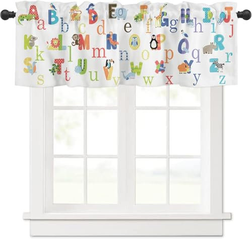 ABC Tier-Alphabet-Volant für Küchenfenster, Lernwerkzeug, Volant für Kinder, Vorhänge und Vorhänge, Stangentasche, bunt bedruckter Volant für Wohnzimmer, Schlafzimmer, über Waschbecken, 137,2 x 45,7