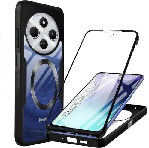 Magnetic Hülle Kompatibel mit Xiaomi Redmi 14C 4G 360 Grad Schutz mit Eingebautem Displayschutz Stoßfest Schutzhülle Silikon Bumper Cover Transparent Clear Magnetisch Handyhülle für Redmi 14C ,Schwarz