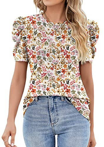 IECCP Women's Casual Crew Neck T-Shirts Puff Short Sleeve Tops Summer Tops Tunic Blouses(White Red Floral,XXL)