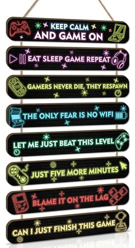 KAIRNE Gaming Hanging Sign Game Room Wall Art Decor Eat Sleep Repeat Boys Bedroom Accessories Best Gifts for Teenage Boy Xbox Wooden Plaque for Kids Room Video Gamer Quotes for Teens