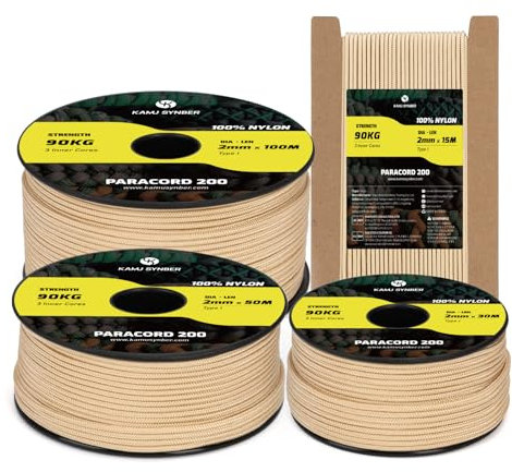 Kamu Synber Paracord 2mm 3 Strands 15M 100% Nylon Rope Type I Parachute Cord for Craft, Outdoor, DIY, Camping | Support 90kg | Khaki