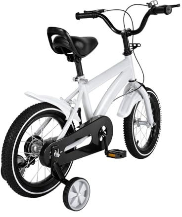 Kinderfahrrad 14 Zoll Weiß mit Stützrädern - Carbon Stahl Kinderrad ab 3-6 Jahre, Verstellbarer Sattel (55-66cm) & Lenker, Kinder Fahrrad Geschenk für Jungen/Mädchen