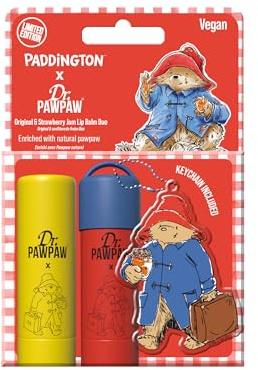 Dr.PAWPAW x Paddington Lip Balm Duo with Keyring 2 x 4g | Original and Strawberry Jam Pawpaw Balms with Paddington Keyring, Hydrating Vegan Lip Care Gift Set