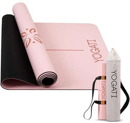 YOGATI® Yogamatte rutschfest Naturkautschuk mit Tasche - Yoga Matte groß mit Markierung, Sportmatte breit, Ideal für Fitness, Pilates und Gym Workout, Fitnessmatte Rutschfest für Damen