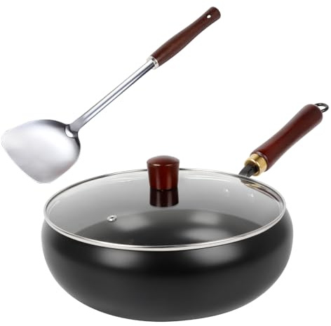 Uncoated Iron Pan, Hand-Forged Big Belly Pot Iron Pan with Glass Cover and Shovel for High Temperature Frying, Boiling, Stewing