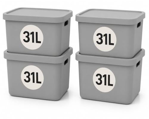 Plastard Aufbewahrungsbox mit Deckel 4er-Set 31 Liter in Grau | BPA-Freie Ordnungsbox für Küche, Bad, Büro, Kinderzimmer, Robuste Stapelbare Kunststoffbox, 46 x 34 x 26 cm, Ordnungskiste