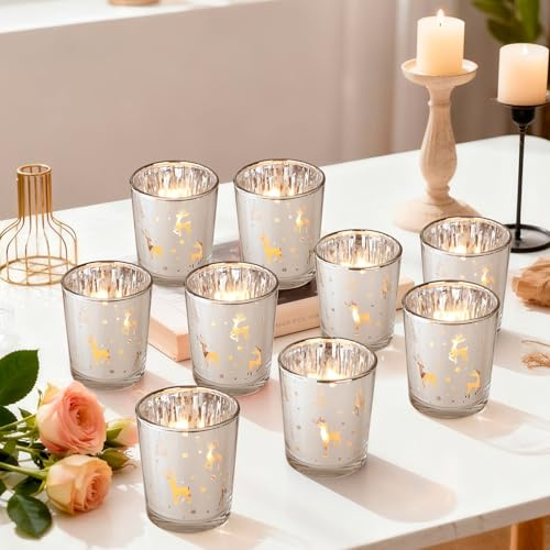 YBCPACK 12er Set Teelichtgläser, Silberne Windlichter aus Glas mit REH-Motiv, Teelichthalter für Advent & Tischdeko – Kerzenhalter für Teelichter