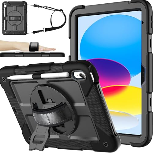 TOPWANT Case for iPad A16 11th Gen 11 2025/10th Gen 10.9 2022, Black | Heavy Duty Shockproof iPad Case with 360° Rotating Stand, Pencil Holder, Adjustable Hand Strap & Shoulder Strap