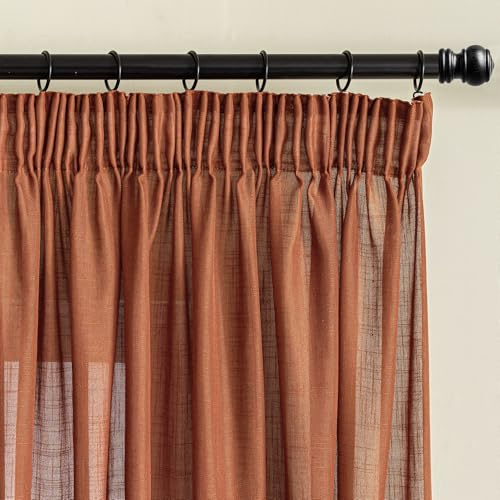 MYSKY HOME Gardinen Kräuselband Leinenoptik Vorhang Wohnzimmer Vorhänge Moderner Halbtransparent Vorhänge für Wohnzimmer Natürlicher Stil 2er Set H 245 x B 140 cm Terrakotta