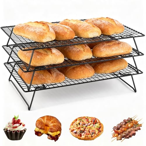 KOUHA Abkühlgitter Stapelbar Groß (42,5x27,7cm) 3-Stöckiges Klappbares Kuchengitter Platzsparend Klappbar Kuchengitter Auskühlgitter für Kuchen Grillen Kekse Plätzchen & Abtropfen Schwarz