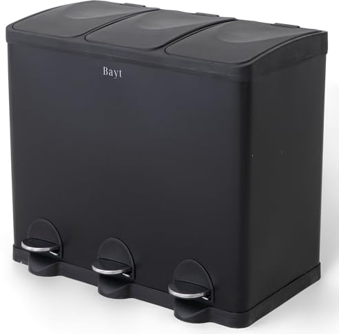 Bayt Mülleimer 60L (3x20L) – Mülltrennsystem 3 Fächer für die Küche – XXL Treteimer aus Edelstahl (Rostfrei) – Geruchsdicht & Fingerabdruckfrei – Inkl. Inneneimer, Schwarz