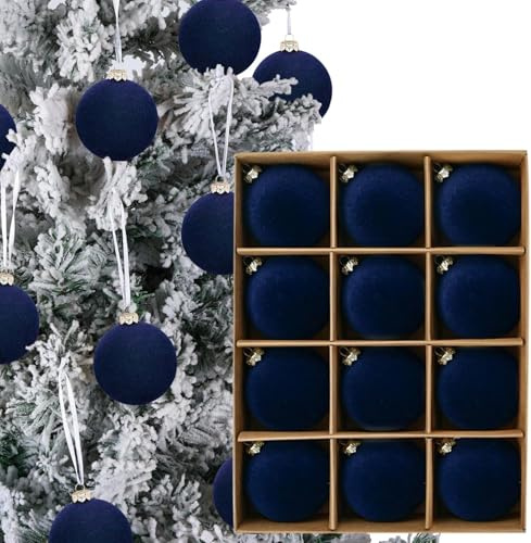 12PCS Christmas Tree Ornaments Velvet Balls, 2.4Inch Velvet Christmas Ornaments Hanging Ball Decoration, Flocked Shatterproof Xmas Bulbs Decorations for Wedding Christmas Party (Dark Blue)