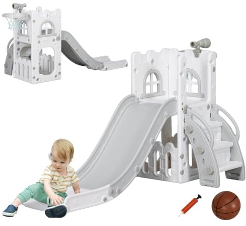 AIYAPLAY Toboggan pour Enfant 5 en 1 avec Panier de Basket Télescope Gris | Espace de Rangement, Ballon, Escalade Antidérapante, Aire de Jeux Intérieur et Extérieur, pour Garçons et Filles 1-3 Ans