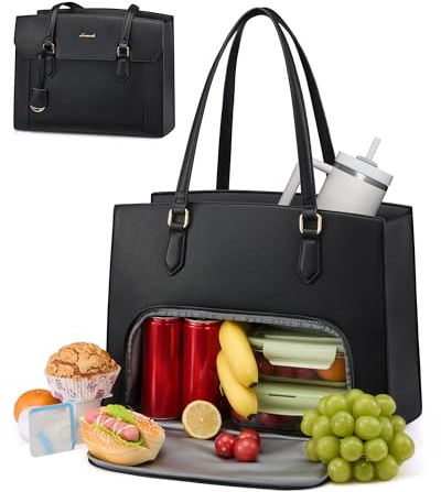 LOVEVOOK Laptoptasche Damen 15,6 Zoll Handtasche mit Kühlfach Groß Arbeitstasche Leder Shopper Tote Bag Women Lehrertasche Aktentasche Tragetasche Lunchtasche Elegant für Büro Business Schule, Schwarz