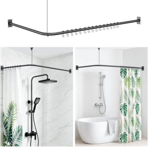 Duschvorhangstange L Form 75-115x75-195cm für Badewanne, Schwarz | Verstellbare Duschstange, Duschvorhangschiene Ecke inkl. 15 Duschvorhangringe, Duschstange Badewanne für Badezimmer & Dusche