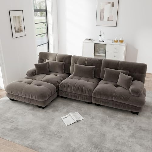 OPODEE Luxuriöses Modulares Ecksofa L-Form XXL Cloud Couch, Übergroßes Wohnzimmer Sofa mit Ottoman & Kissen, Tiefe Sitzfläche, Vintage Chenille Stoff, Modernes Design, 313x145x81cm, Braun