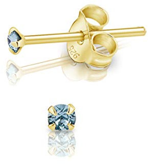 DTPsilver - Winzige Ohrringe 925 Sterling Silber Gelb Vergoldet mit Kristallen von Swarovski® Elements Runde Sehr kleine Ohrstecker - Durchmesser 2 mm - Farbe : Aquamarin