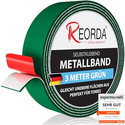 REORDA Metallband selbstklebend Grün - Ideal für Tonies®-Figuren & -Regale - Magnetband für Magnete I Ferroband I Magnetband selbstklebend I Eisenband (3m)
