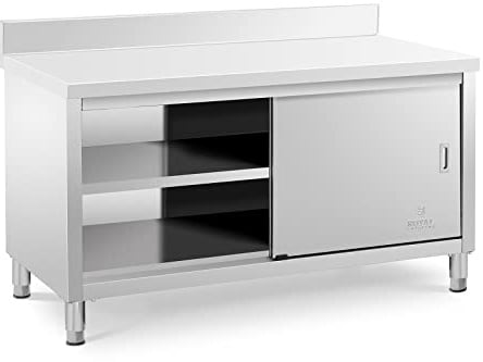 Royal Catering Meuble Bas En Inox Plan De Travail Professionnel Cuisine Armoire Basse Adossée RCSSCB-150x70-E-B (600 kg max., 150 x 70 x 85 cm, Dosseret 10 cm, 2 Portes Coulissantes, Acier Inoxydable)
