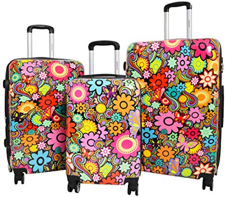 Koffer mit 4 Rädern, mehrfarbig, Blumen-Druck, PC-Hartschale, Gepäck, leicht, Reisetaschen, Orchidee, mehrfarbig, Full Set of 3 Sizes Cabin+Medium+Large, Koffer