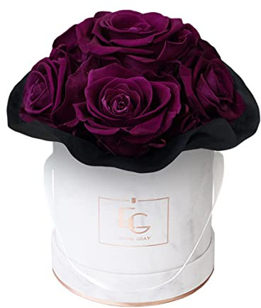 EG EMMIE GRAY Splendid Infinity ROSEBOX | Marble Rosegold | XS | Round - Infinity Rosen mit langjähriger Haltbarkeit, Edle Premiumrosen arrangiert in Einer Marmorbox, Haltbare Rosen (Velvet Plum)